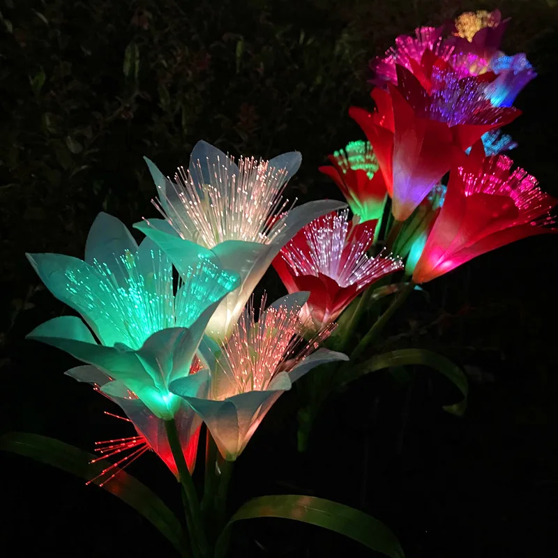 LED Solar New Upgraded Fiber Optic Lily Lantern Outdoor Ground Plug Lawn Lamp Garden Decorative
