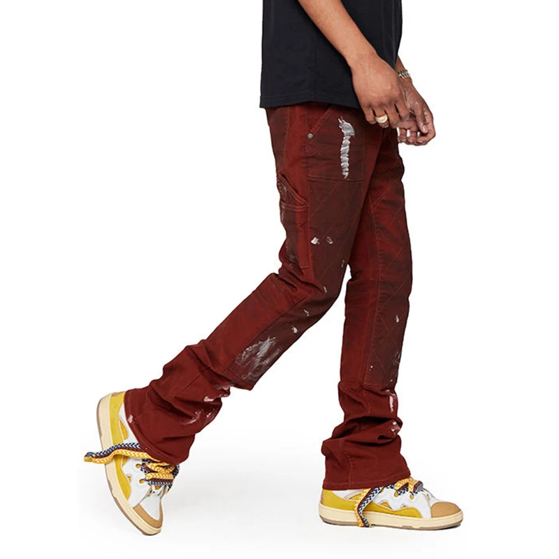 wholesale patch jeans paint splatter mens skinny jeans brown stacked jeans men flare