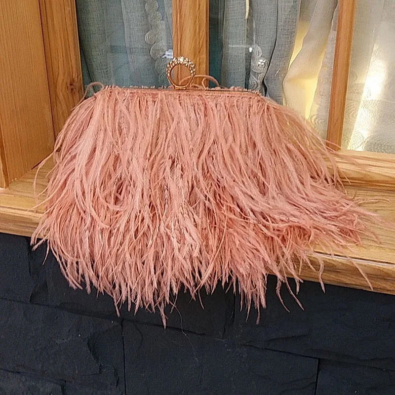  Модный розовый кошелек Ostrich Fuax с меховыми перьями клатч сумка-тоут Женский вечерний бриллиантами на костяшках для ужина и