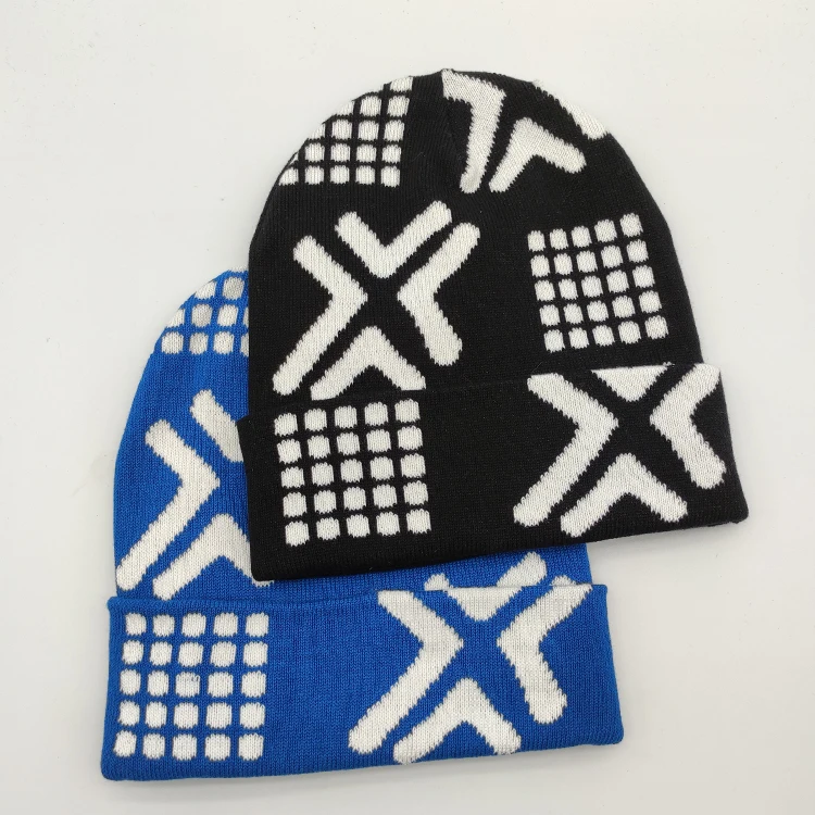 customized beanies hats all over logo knitted jacquard winter skull beanie