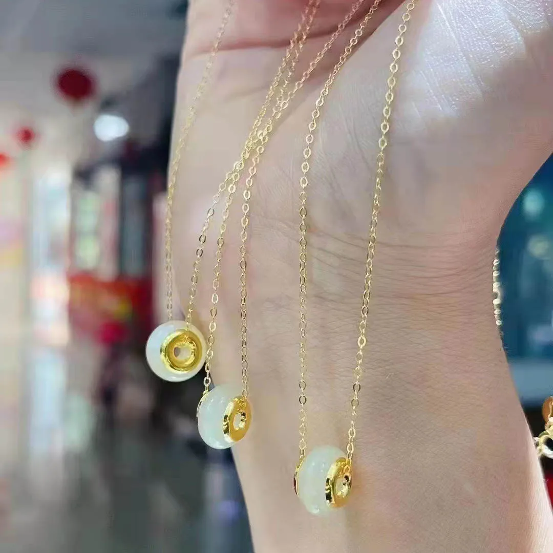 Luxury Fashion Pure 18K 24k Gold Khotan Jade Pendants Necklace Women Ladies Bridal Engagement Wedding Jewelry