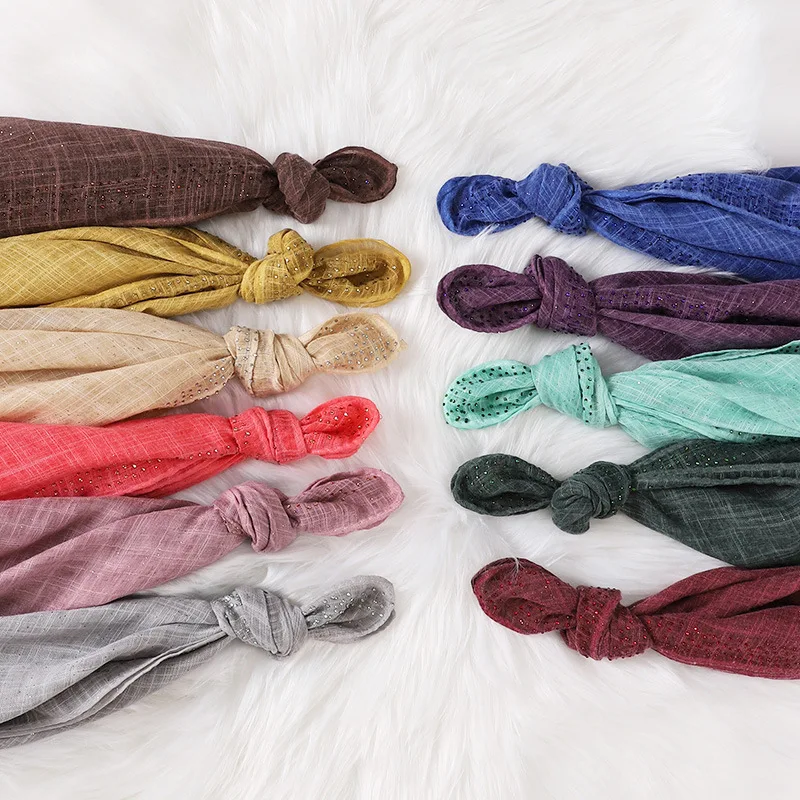 Hot sale hot diamond gold powder scarves fashion plain cotton hemp slubby yarn scarf female Malay Indonesian hijab shawl