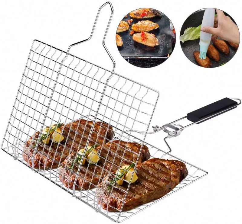 
BBBQ Grilling Basket Stainless Steel Meatball Grilling Basket For Fish Steak and Portable Stainless Steel Barbecue 