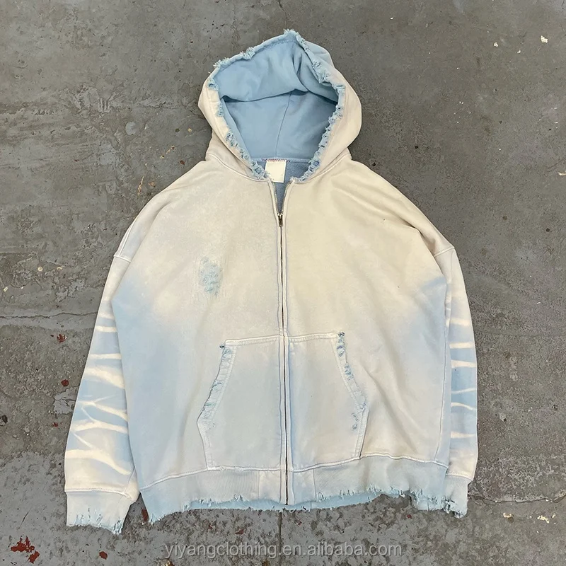 Custom Streetwear Drop Shoulder French Terry Heavyweight Cotton Sun Faded Vintage Distressed Acid Wash Hoodie Men