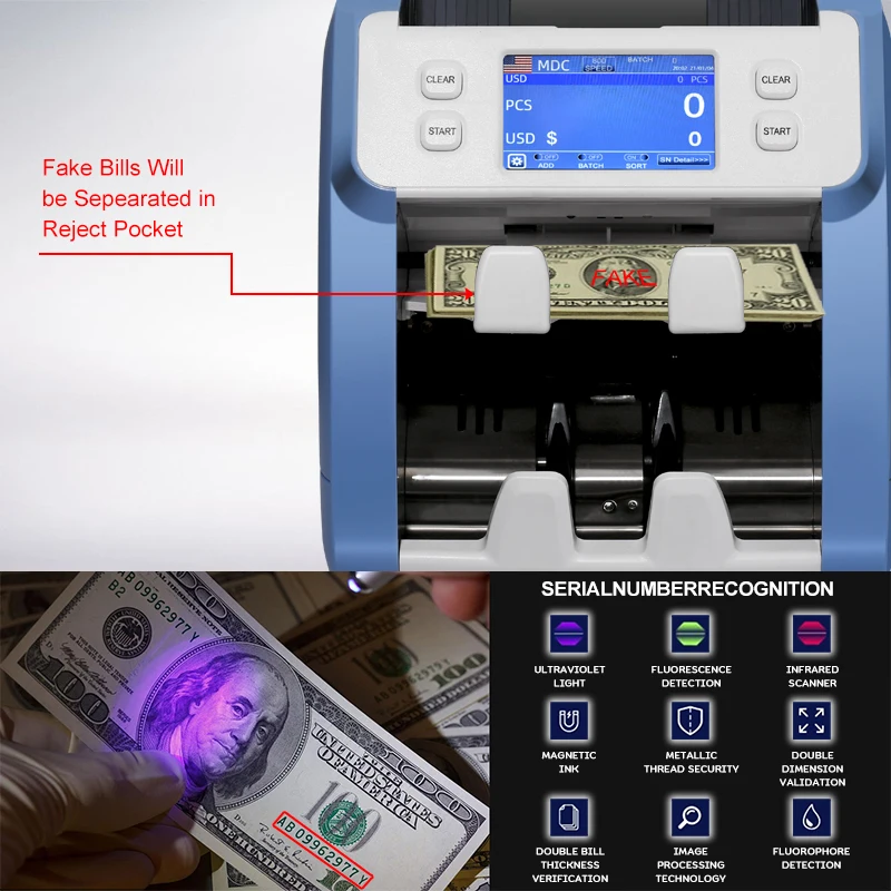 Portable Money Currency Detector Multi Function Handy LED touch screen note Counting machine with two pockets