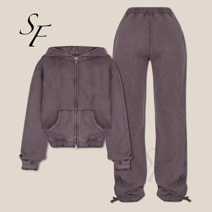 Star Fashion High Quality Custom Women Cropped Zip Up Hoodie Jogger Pants Two Pieces Set Acid Washed Drop Shoulder Sweatsuit Set