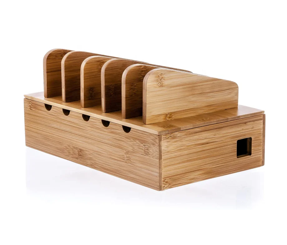 Natural bamboo charging station bracket, charger power strip to store smartphones and tablets