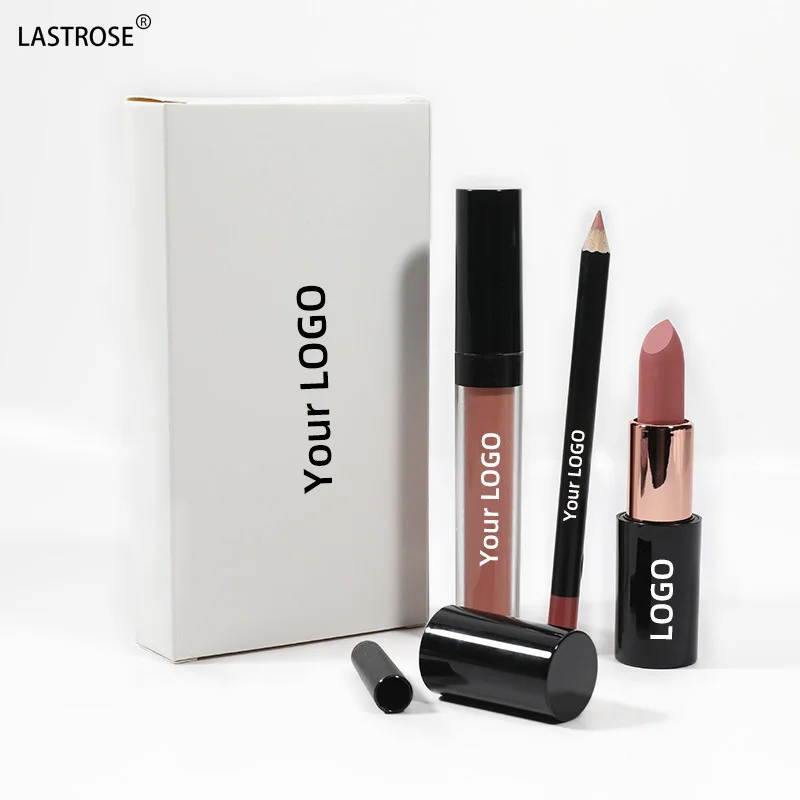 Wholesale Cosmetics Makeup Lipstick & Lipgloss & Lip Liners 3 in 1 Waterproof Vegan Solid Lipstick & Lip Liner Kit