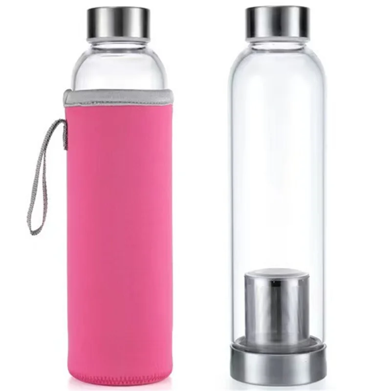 New Arrival Custom Logo Stainless Steel Lid Clear Glass Cup High Borosilicate Glass Water Bottle with sleeve