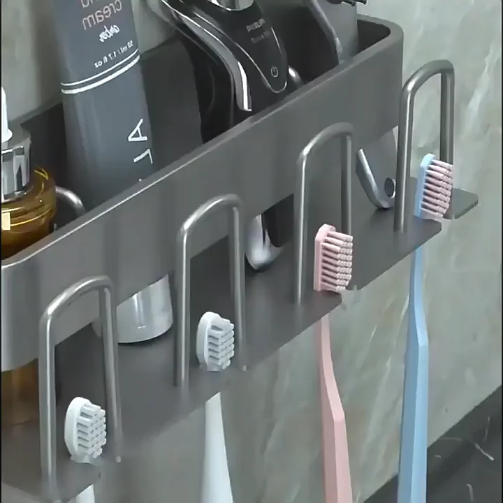 Punch Free Toothbrush Holders Multifunctional Storage Rack For Bathroom Wall Mounted Toothpaste Toothbrush Cup Organizer