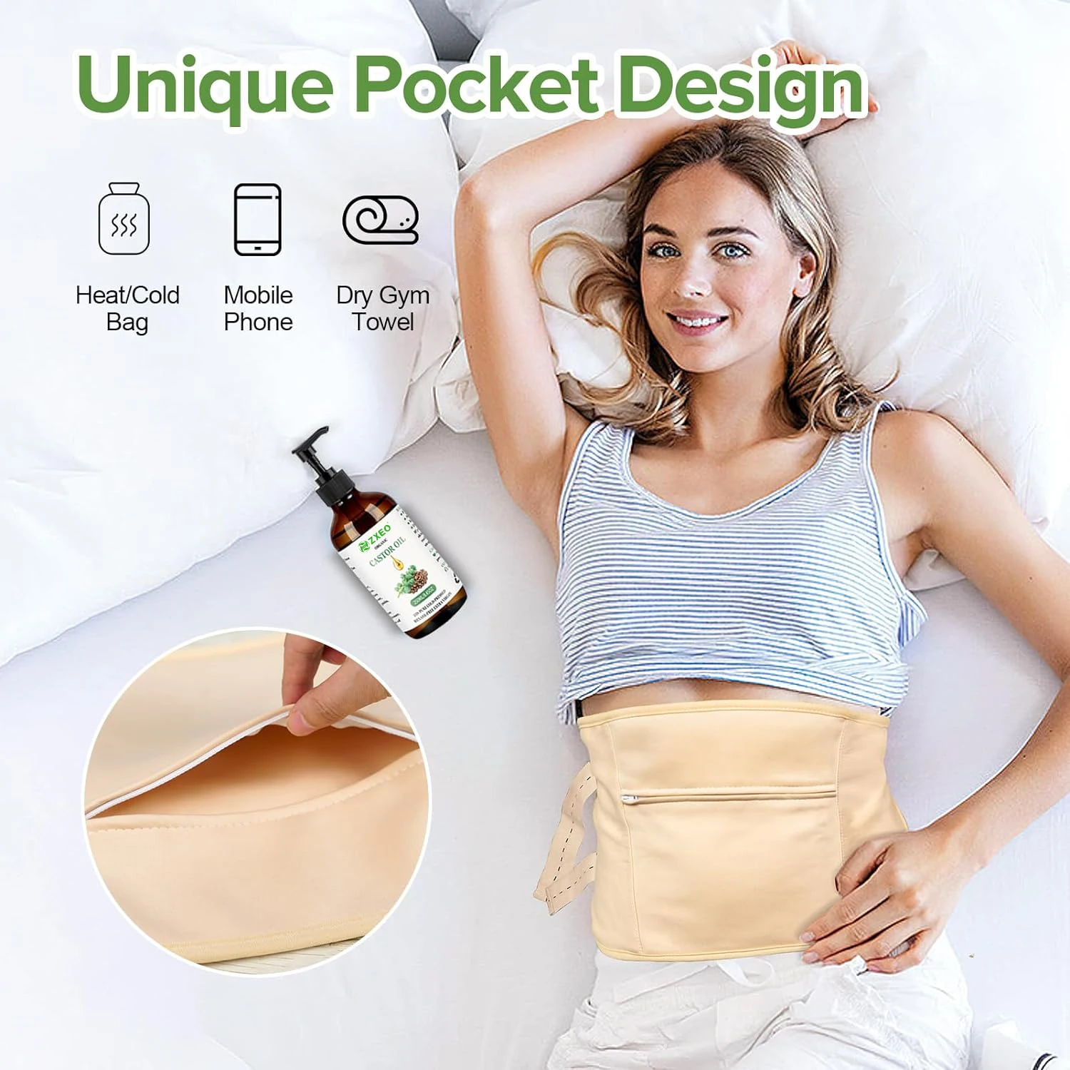 Cold Pressed Organic Castor Oil with Pack Wrap Organic Cotton, Castor Oil Unrefined Recyclable Bottle,Reusable Castor Oil Packs