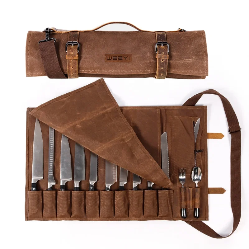 CHANGRONG Custom Heavy Duty Brown Waxed Canvas Leather Chef Knife Roll Up Bag