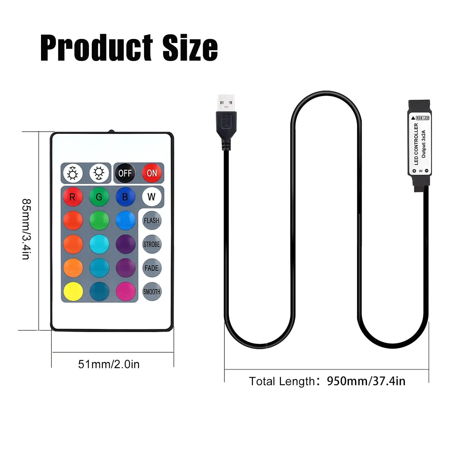 USB Led Light Controller, 5V Led Light Remote Replacement with 24 Key Infrared Remote for DC 5v 5050 3528 RGB LED Strip Light