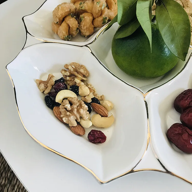 Household Gold White Porcelain Plate Ceramic Combination Dried Fruit Snack Plate Compartment Tray