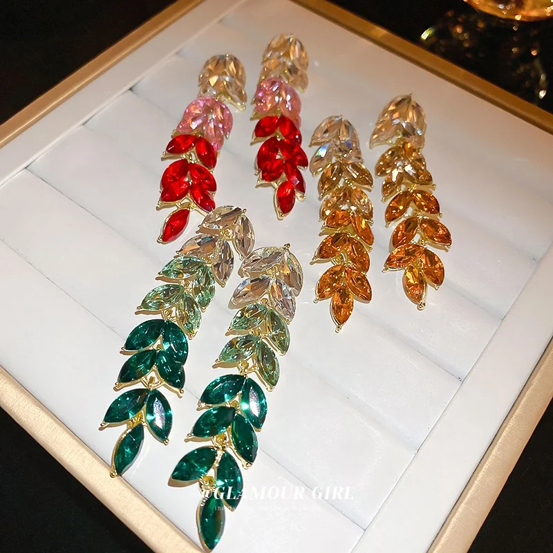 Fashion Purple Red Green Yellow Crystal Drop Earrings Leaf Dangle Earrings for Women Party Wedding Jewelry
