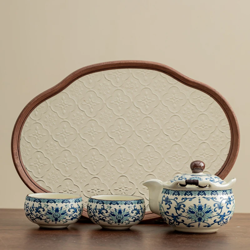 Chinese Ru Kiln Blue White Ceramic Tea Set Portable Travel Tea Infuser Teapot Cup with Tray for Coffee or Gifts