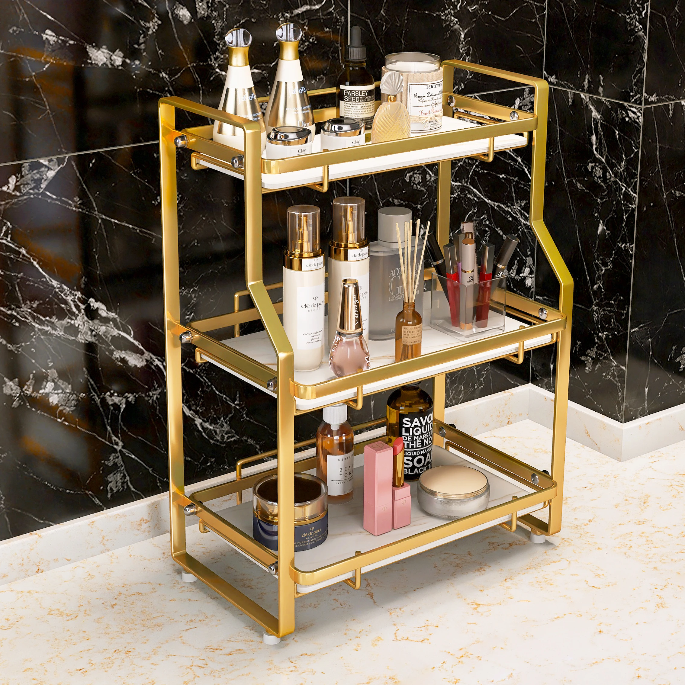 Luxury home storage rack beauty storage nordic style gold jewelry makeup metal marble bathroom organizer for living bath room