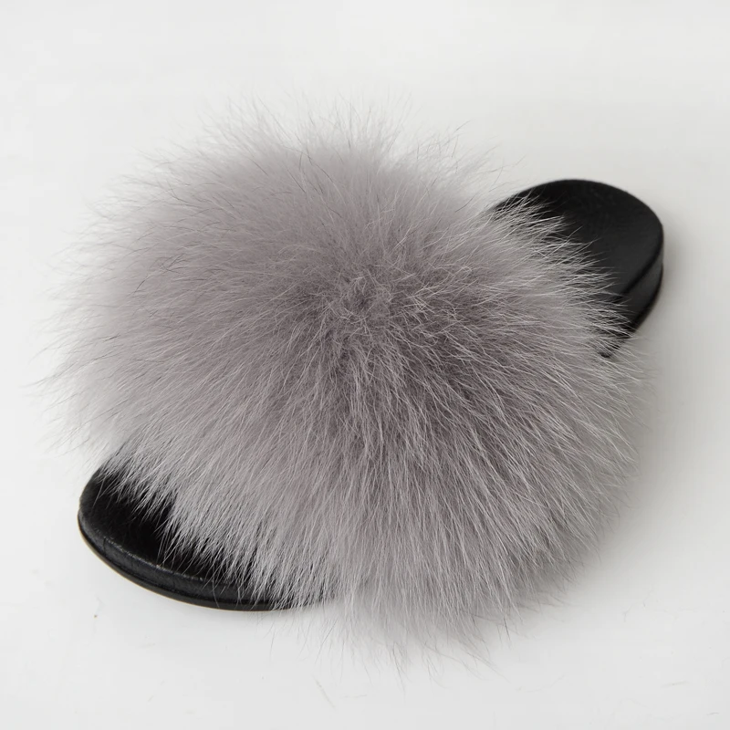
Quick Shipping Wholesale price real fur slippers flush soft raccoon fur slipper outdoor slider sandals fox fur slides for wome 