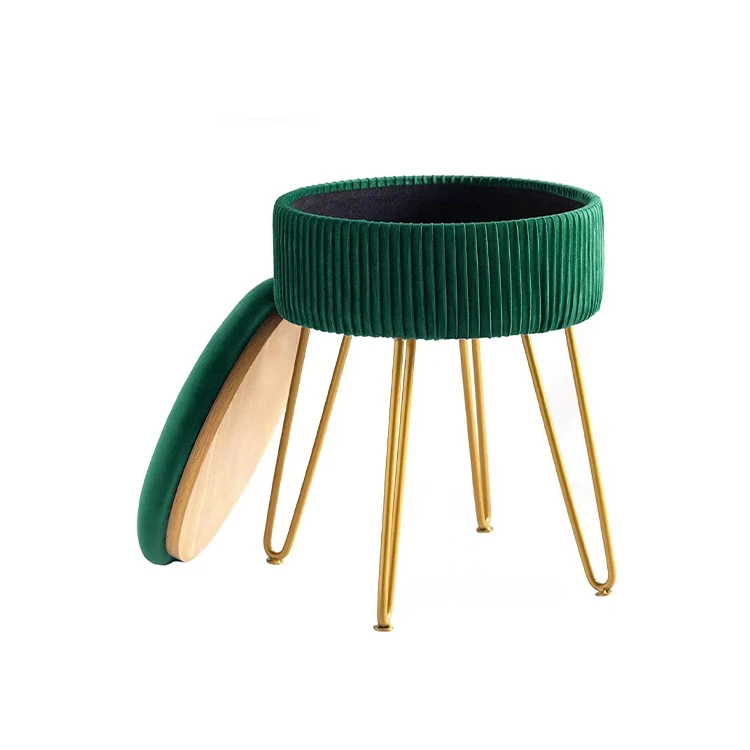 Velvet Dressing Stool Round Footstool Storage Ottoman Makeup Chair ottoman with Gold Metal Legs Upholstered Footrest