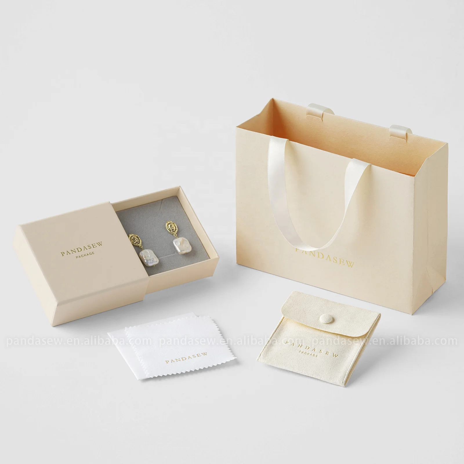 PandaSew Custom Logo Printed Packaging Kits Kraft Paper Bag Jewelry Box Microfiber Jewelry Pouch Silver Polishing Cloth