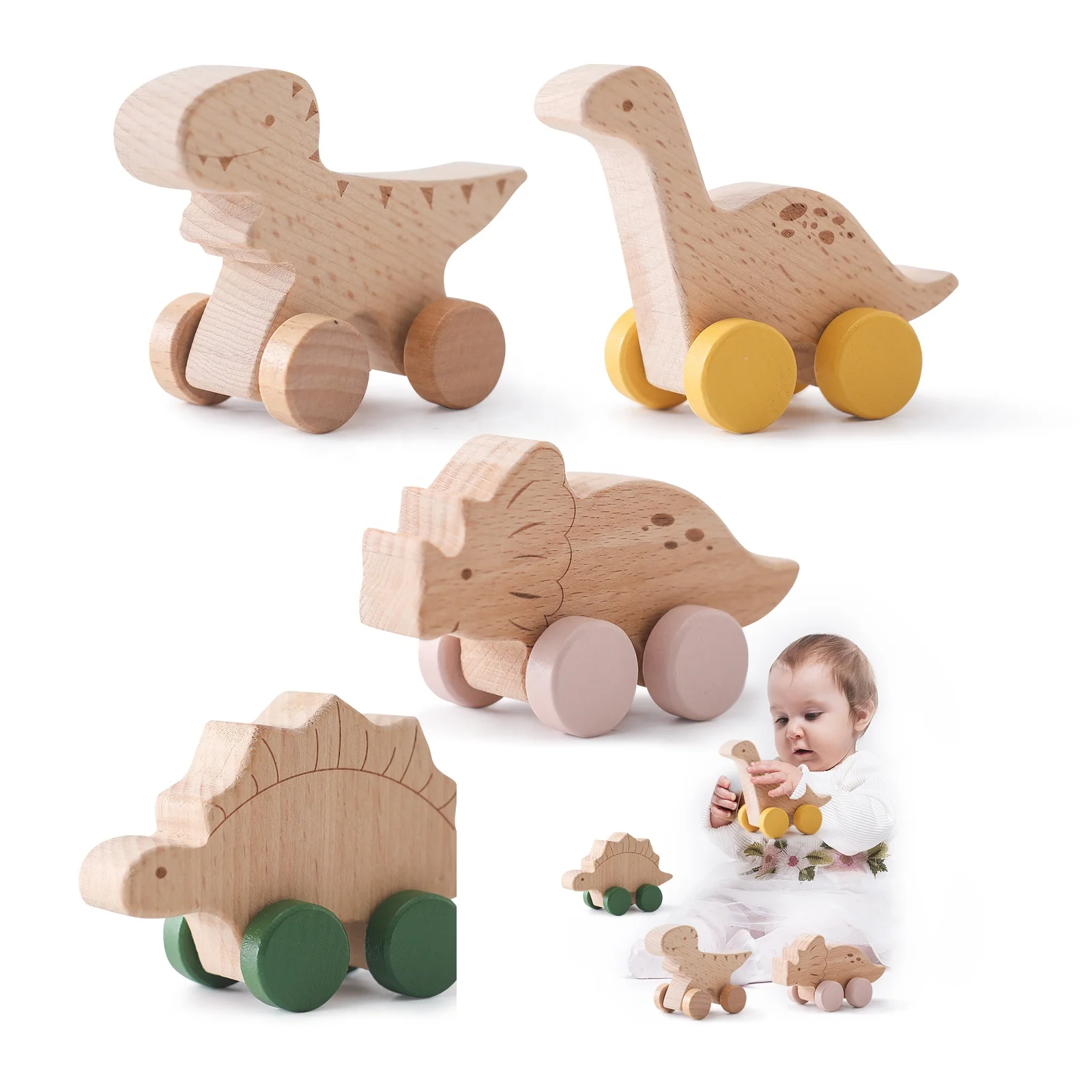 Beech Wood Dinosaur Shape Wooden Car Toy Set Kids Montessori Toys Preschool Early Educational Toys for Baby Toddlers