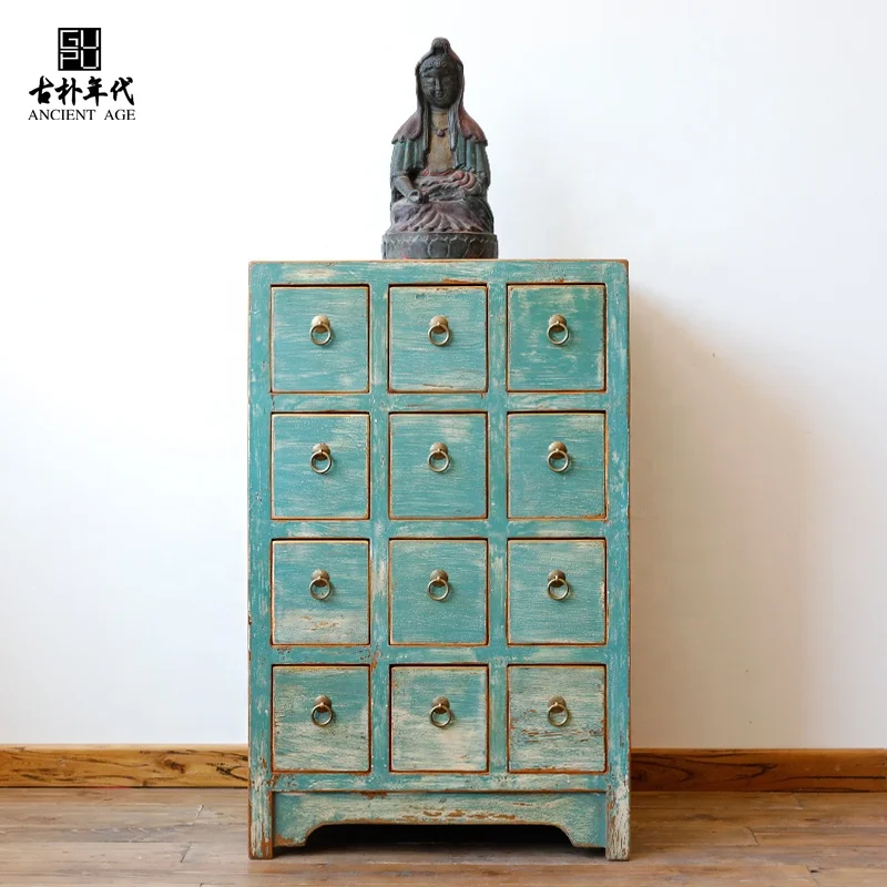 Furniture factory Chinese traditional distressed lacquered wood furniture paint vintage multi-purpose 12-drawer cabinet