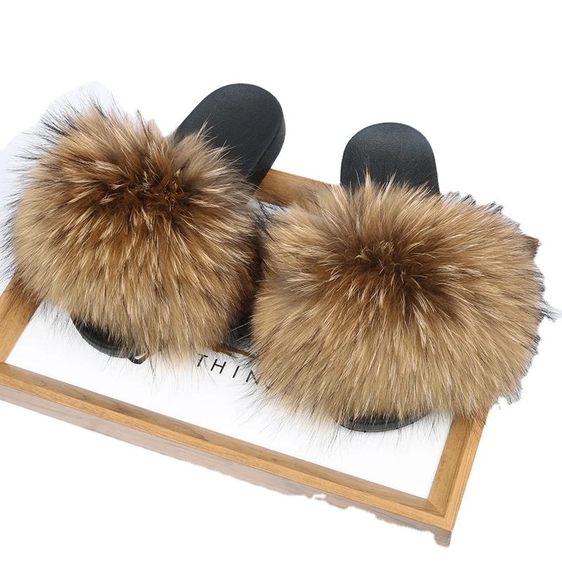 Wholesale REAL BIG FUR Slippers  Women Flurry Slippers for ladies Soft Raccoon Open Toe Fox Fur Slides furry slides sandal