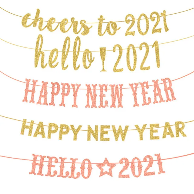 Hot Sale 2021 Happy New Year Party Christmas Decorative Glitter Paper Flag banner