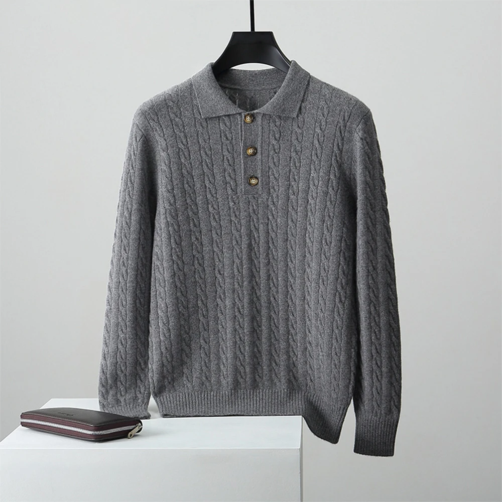 Guoou 100 Pure Cashmere Thick Fall Winter Cable Lapel Knit Polo Shirt Pullover Cashmere Sweater Men