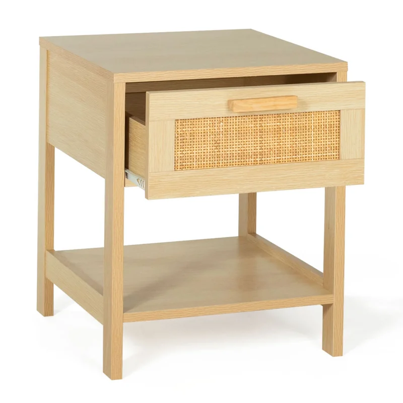 Bedroom Furniture Wholesale Rustic Farmhouse Natural Wood Bedside Table Nightstand With Rattan Drawers