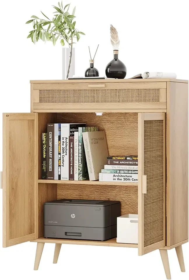 wooden independent storage cabinet with rattan door and large drawer for home storage and decor 2 door rattan storage cabinet