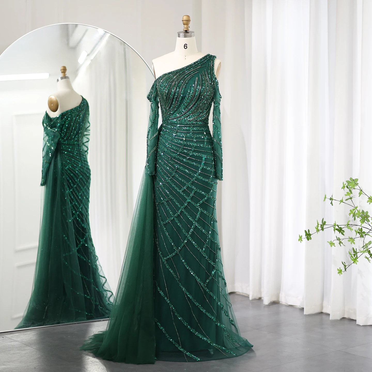 Emerald Green One Shoulder Mermaid Evening Dress With Overskirt Long Sleeves Luxury Dubai Wedding Party Gowns SZ413