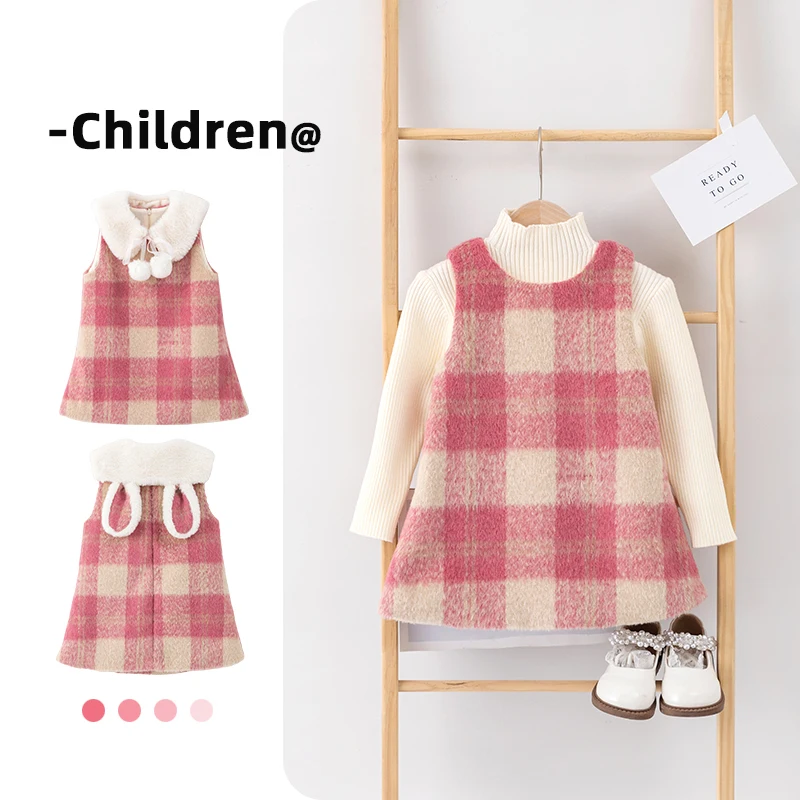 Детский клетчатый жилет с кроличьими ушками Повседневный плюшевый без рукавов круглым вырезом розовый кролик милый шарф на молнии платья принцессы