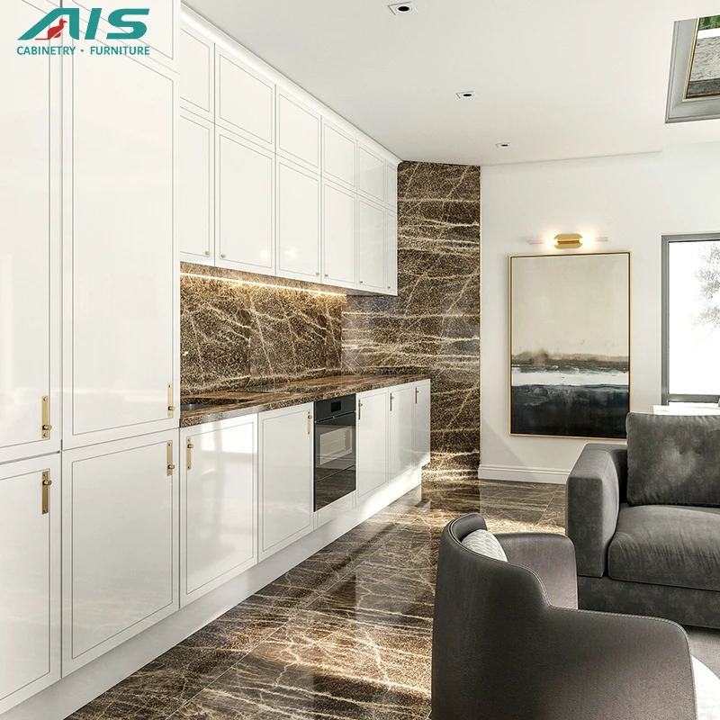 High-End Customized Beautiful Bright White Acrylic Frosted Panel Hot Selling European Style Kitchen Cabinet Island