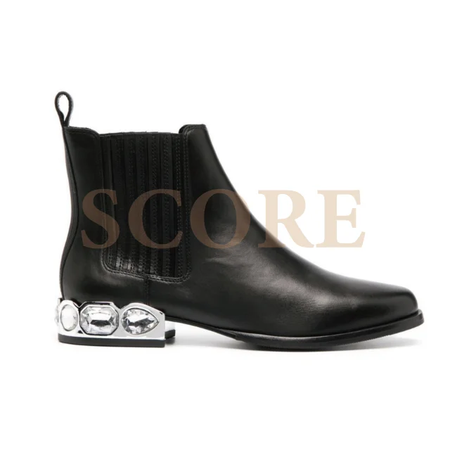 
Manchester 2021 Spring Chelsea Ankle Boots Chunky Heel Elastic side panels Metallic heel Rhinestones heel Hot sales OEM booties 