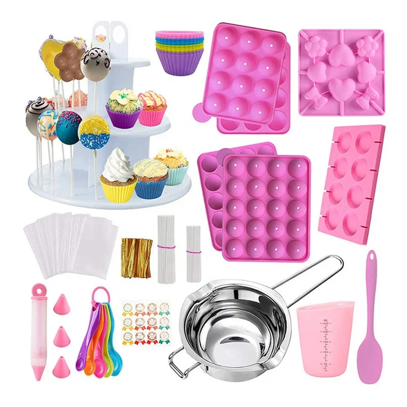 Cake Pop Maker Kit 454Pcs Silicone Lollipop Mold Set with 3 Tier Cake Stand, Chocolate Candy Melting Pot for Candy DIY