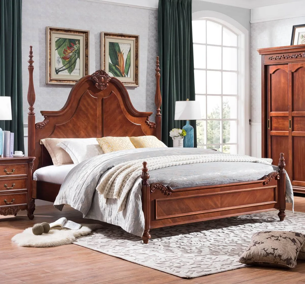 Traditional American style, luxurious elaborate carved solid wood bed
