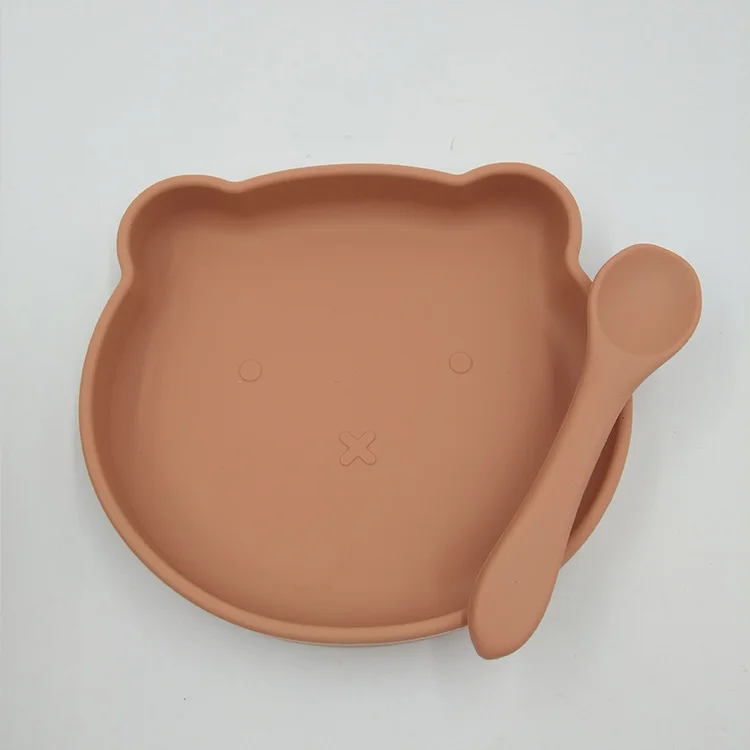 Tableware Suction Bear Shape Kid Dinner Plates Silicone BPA Free Baby Feeding Plate with Spoon