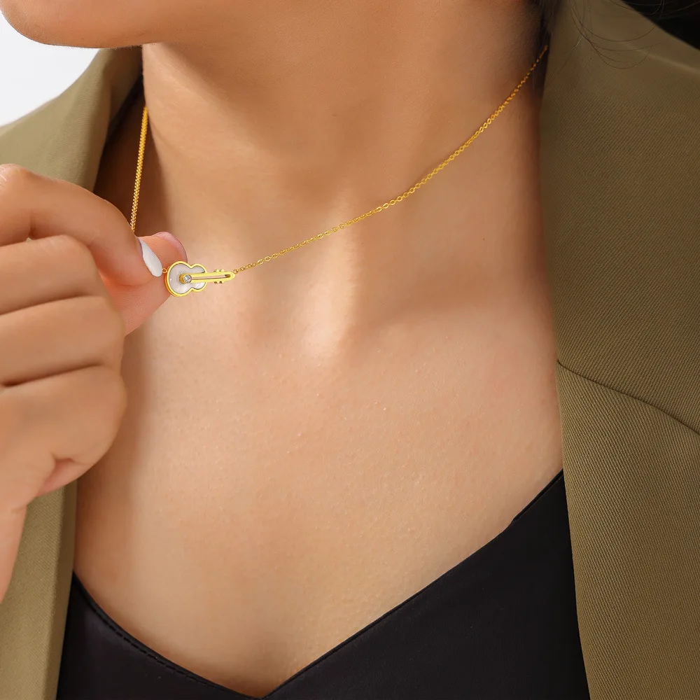 Simple Stainless Steel Gold Plated  White Shell Musical Instrument Guitar Violin Shape Cubic Zirconia Pendant Necklace for Women