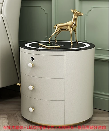 Modern Wooden Side Nightstand Table Organizer Wireless Charger Round Bedside Table Furniture Mesilla de noche Smart Nightstand