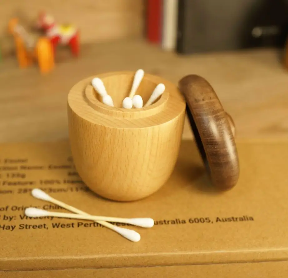 2023 Customized Cartoon Small Cute Mushroom Shape Black Walnut Cotton Swab Box Solid Beech Wood Holder Storage Box Toothpick