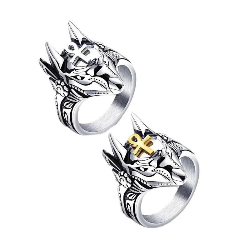 Retro Jewelry  Custom Ankh Cross Stainless Steel Ring Anubis God Ancient Egyptian Jackal Head Pattern Titanium Steel Ring Men