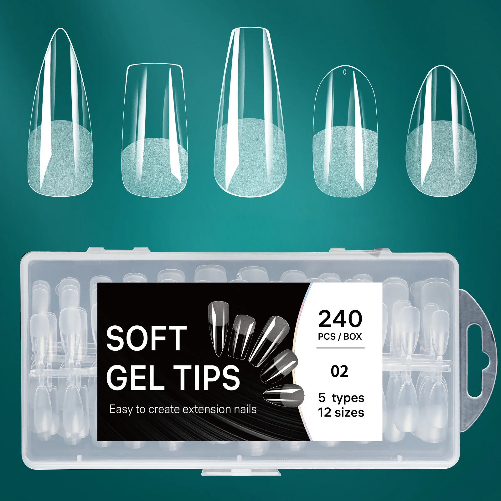 OEM ODM 5 in 1/ 240PCS Wholesale press on nail Clear Curve Medium Almond Coffin Half Full Cover 12 Sizes Soft Gel Nail Tips