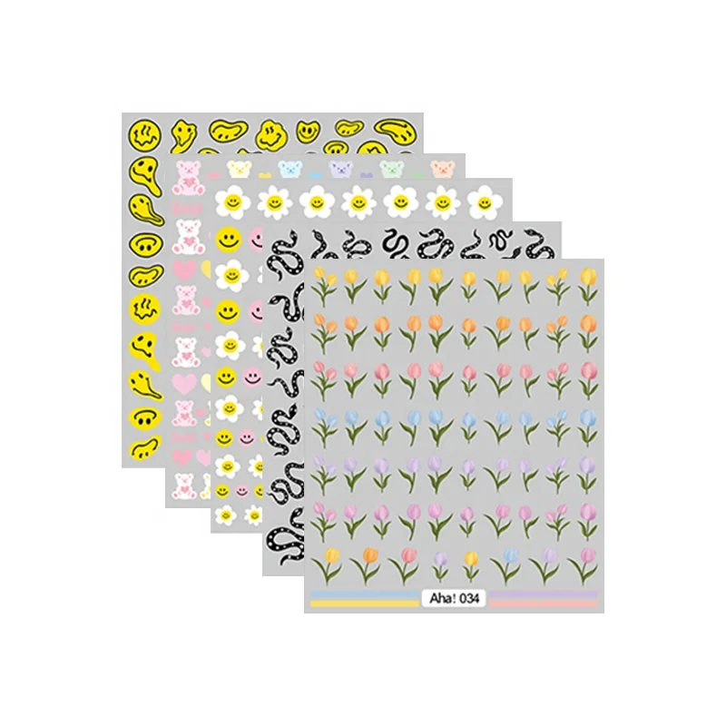 Hot Sell 3D Spring Custom Nail Stickers Cartoon Nail Letter Writing Cherry Floral Bear Design Nail Art Decals For Salon