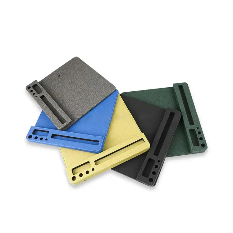 Factory wholesale custom logo anti skid phone QI wireless charging pu leather mouse pad with pen holder