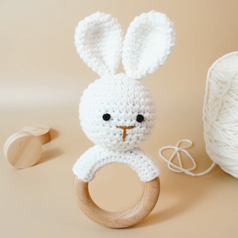 Handcrafted Crochet Rabbit Rattle: Adorable Wooden Toy for Babies 0-3 Years, Soft Cotton Material