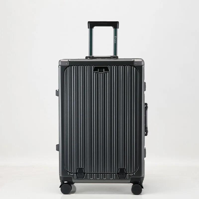 100%PC Aluminum frame front opening travel case Business travel suitcase for unisex phone stand luggage