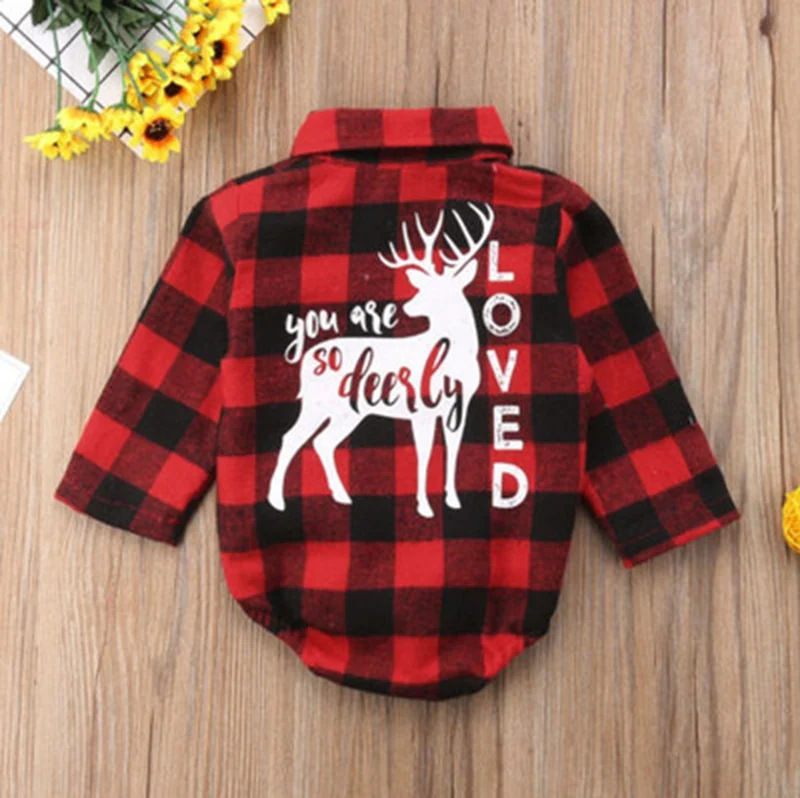 Newborn Christmas Romper Cartoon Elk Baby Girls Boys Plaid Rompers 4Size for 0-18M