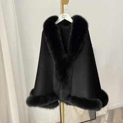 OFTBUY 2021 New Luxury Winter Jacket Women Ponchos Natural Real Fox Fur Collar Cashmere Wool Blends Coat Warm Fashion Outerwear