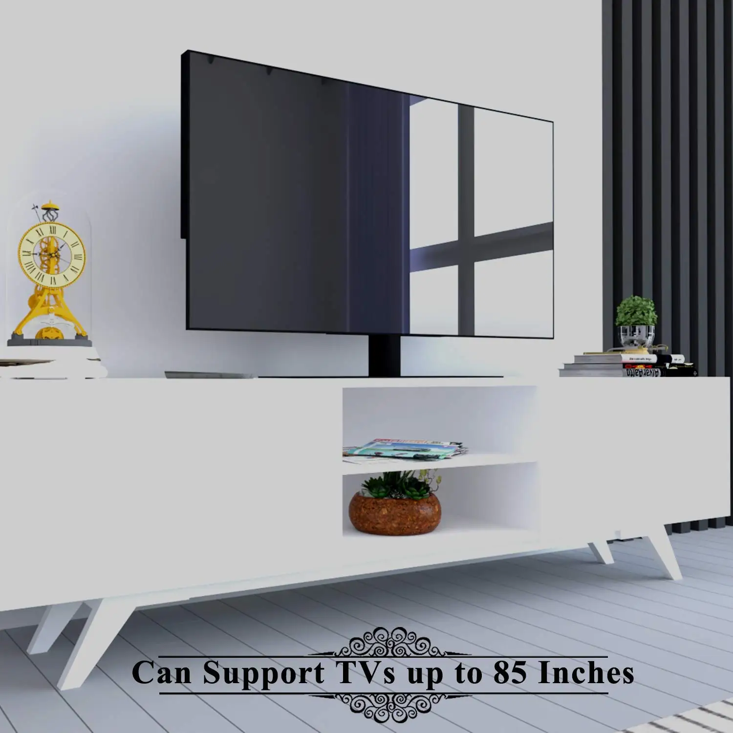 TV Stand Media Console, Mid-Century Modern Television Table with Cabinet Doors